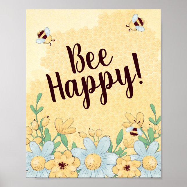 Poster Whimsical Bee Happy Floral (Frente)