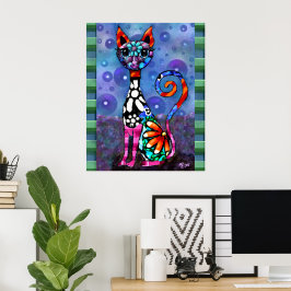 Poster Whimsical Big-Eyed Funky Kitty Cat Abstract