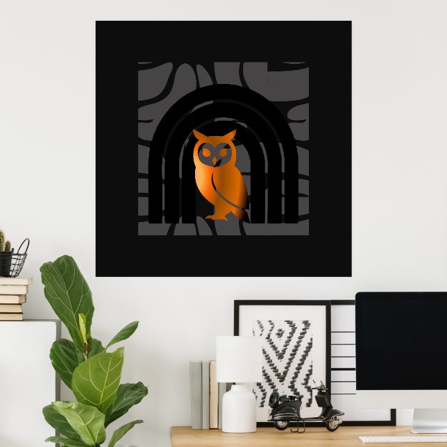 Poster Whimsical Boho Owl & Tropical Monstera Leaf (Escritório em casa)