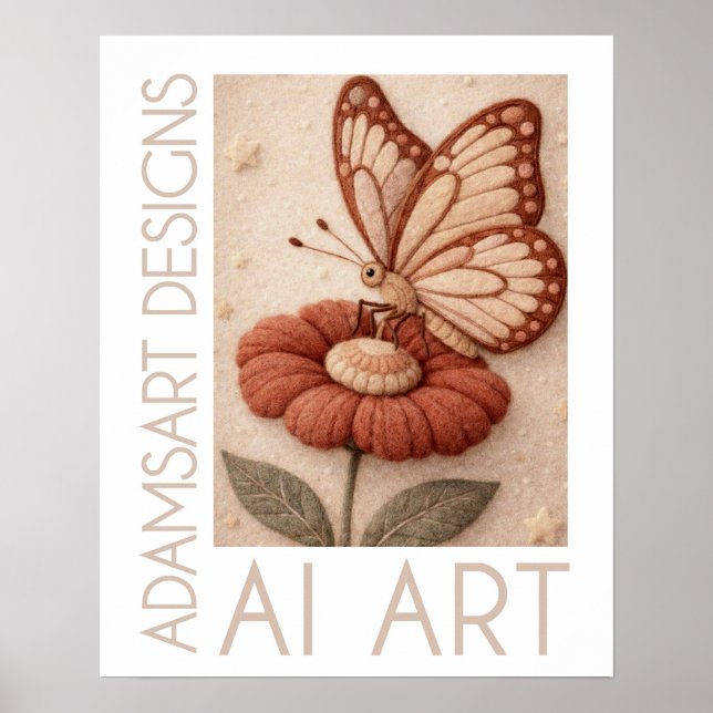 Poster Whimsical Butterfly on Flower Vintage Felt Art (Frente)