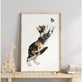 Poster Whimsical Calico Cat & Butterfly Watercolor Art