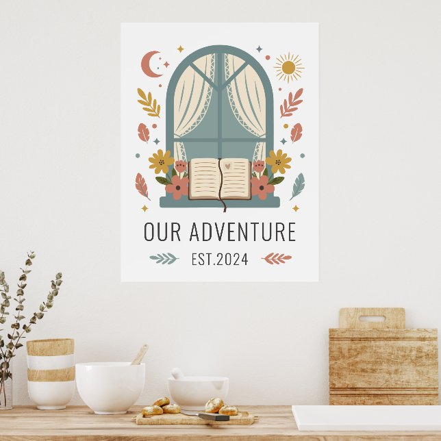 Poster Whimsical Cottage Flowers Window Illustration (Cozinha)