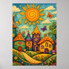 Poster Whimsical Fairy Tale Village Colorful Canvas Art