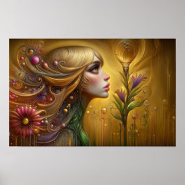 Poster Whimsical Fantasy Floral Fêmea De Outro Mundo