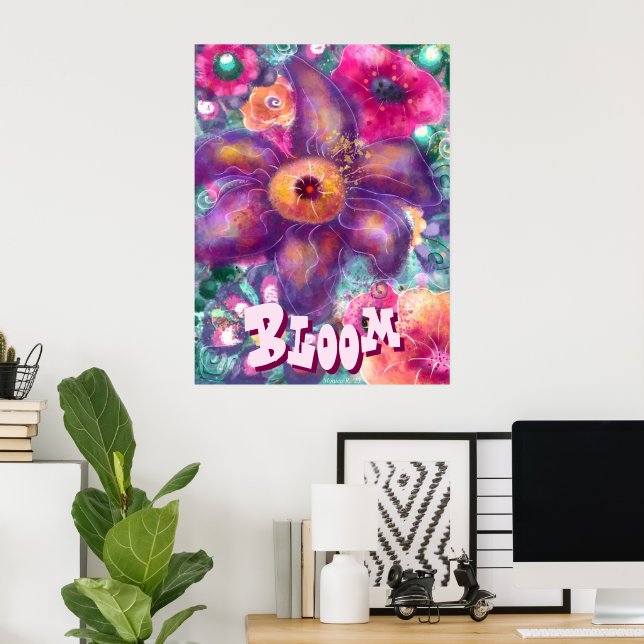 Poster Whimsical Floral Abstract Art Teal Personalized (Escritório em casa)