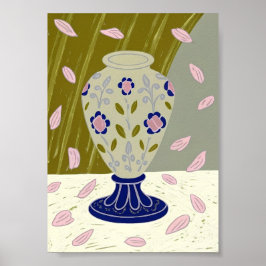 Poster Whimsical Folk Art Ceramic Vase with Falling Pink 