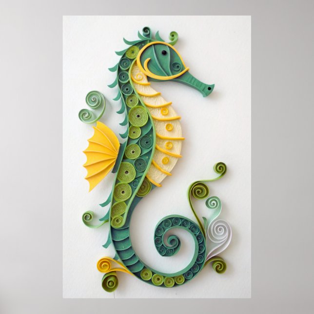 Poster Whimsical Green & Yellow Quilled Seahorse Sculptur (Frente)
