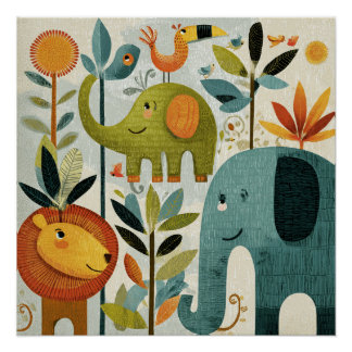 Póster Whimsical Jungle Animals Nursery Wall Art