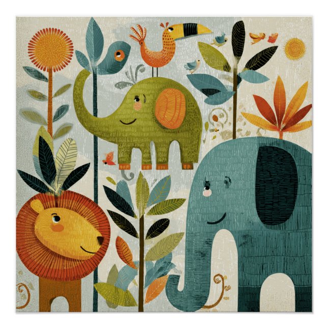 Póster Whimsical Jungle Animals Nursery Wall Art (Frente)