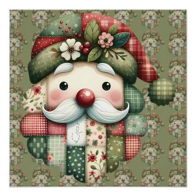 Póster Whimsical Patchwork Santa Folk Christmas (Frente)