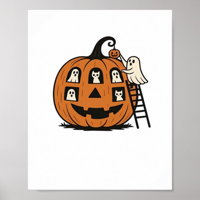 Poster Whimsical Spookkin Pumpkin com Fantasmas, Gatos e  (Frente)