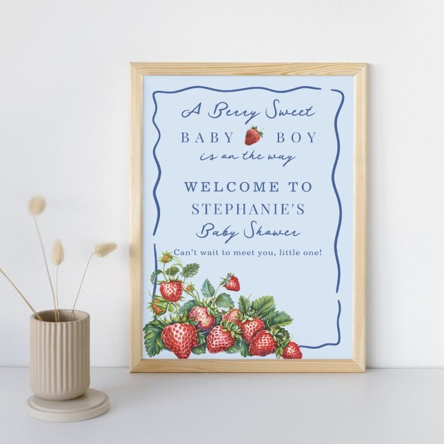 Poster Whimsical Strawberry Blue Baby Shower Welcome Sign (Criador carregado)