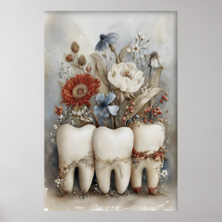 Poster Whimsical Three Teeth Print, Floral Tooth Nursery