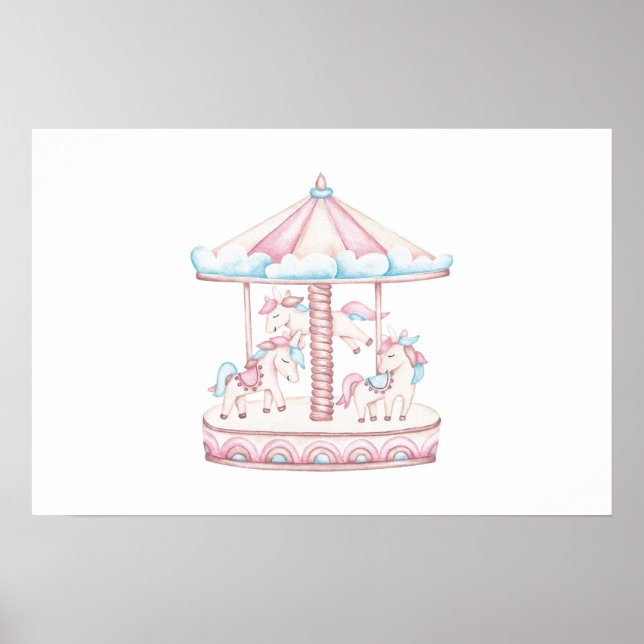 Poster Whimsical Watercolor Carousel Unicorn (Frente)