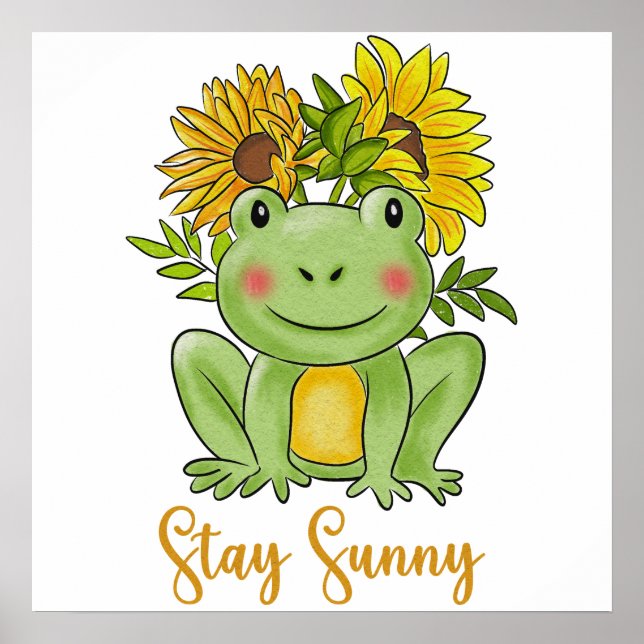 Poster Whimsical Watercolor Frog And Sunflowers  (Frente)