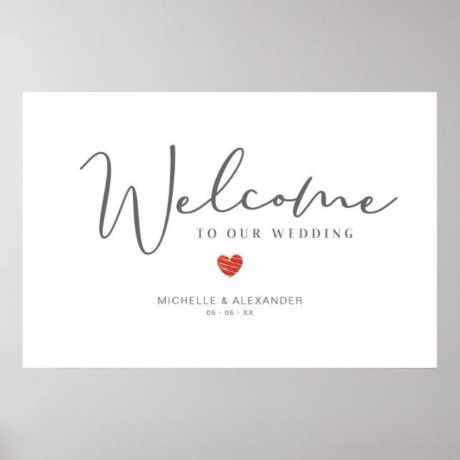 Poster Whimsical Welcome Guests Wedding Red Heart Sign (Frente)