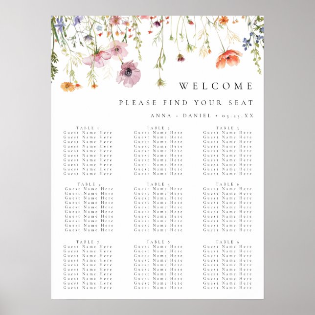 Poster Whimsical Wildflower Wedding Seating Chart (Frente)