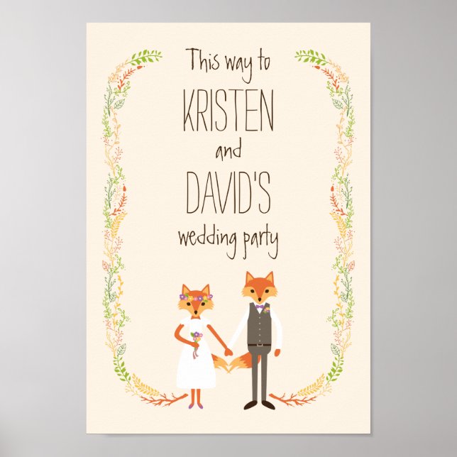 Póster Whimsical Woodland Foxes Ivory Weding Sign (Frente)