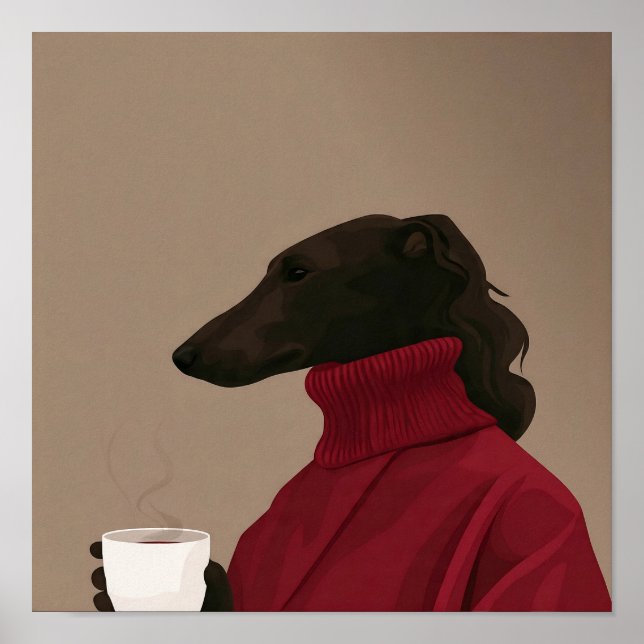 Poster Whippet Aconchegante Bebendo Café - Cão Minimalist (Frente)