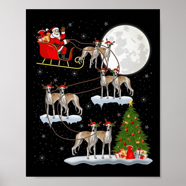 Poster Whippet Dog Santa Sleigh Flying Funny Magical Chri (Frente)