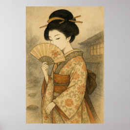 Poster Whispers Behind the Fan: Geisha in Stillness