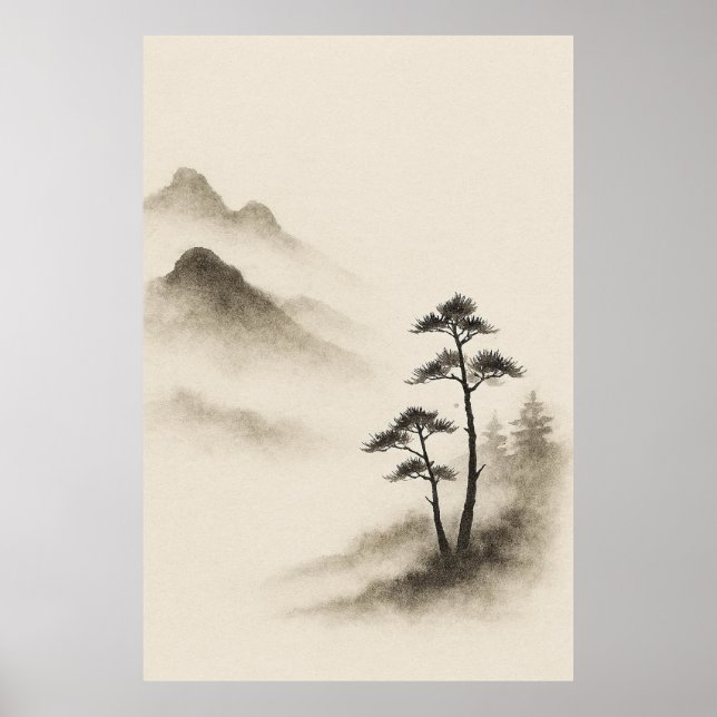 Poster Whispers of Mist: Ink-Wash Mountain Tranquility (Frente)