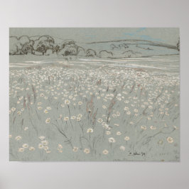 Poster White and blue flower field vintage art print