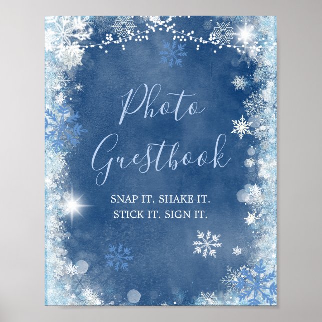 Poster White Blue Winter Snowflake Bridal Photo Guestbook (Frente)
