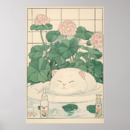 Poster White Cat Bathtub Print, Ukiyo-e Japanese Art