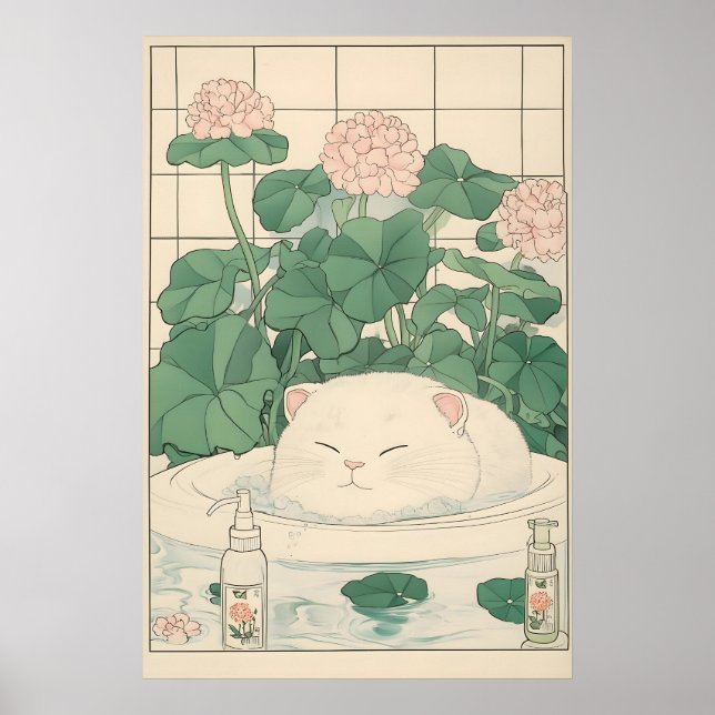 Poster White Cat Bathtub Print, Ukiyo-e Japanese Art (Frente)