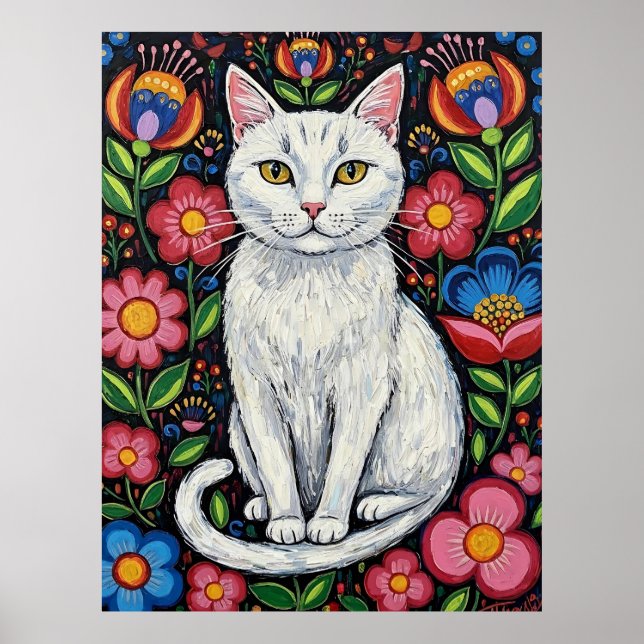 Poster White Cat in Colorful Folk Art Flowers (Frente)