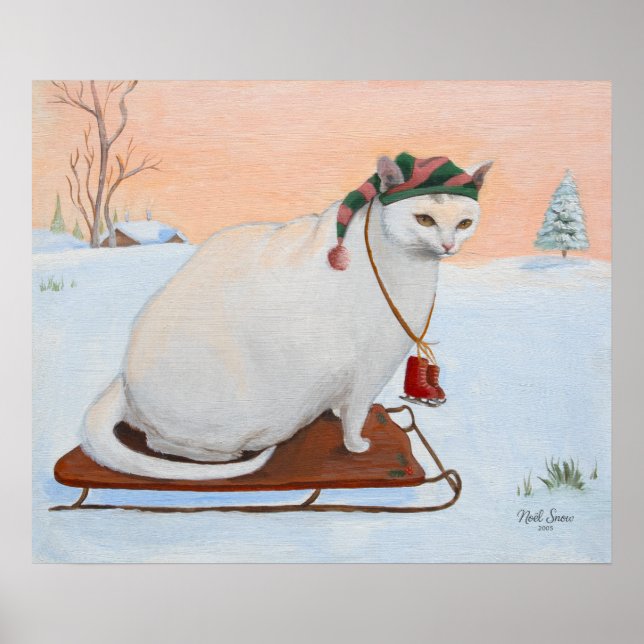 Poster White Christmas Holiday Cat in Snow Wall Art (Frente)