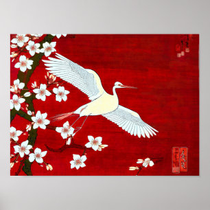 Poster White Crane Chersom Red