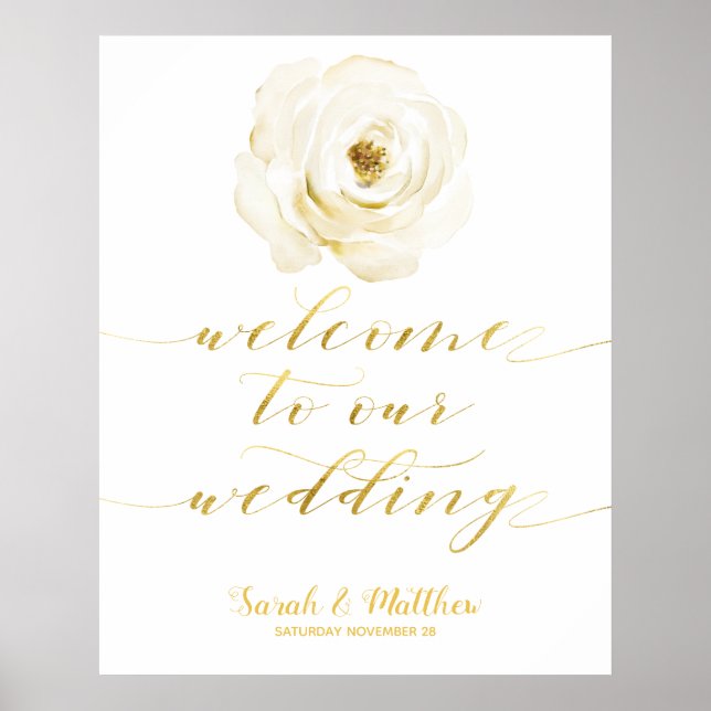 Poster White Floral Dourada Bem-Vindo Ao Nosso Casamento (Frente)