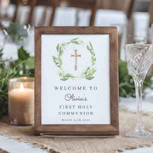 Poster White Floral Greenery Primeira Comunhão de Boas-vi