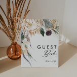 Poster White Floral - Sinal do Livro de Convidado<br><div class="desc">Nós projetamos este Sinal de Livro Branco Floral para completar o seu casamento tropical escuro rústico. Com a sua aquarela boêmica verde para as suas modernas flores boho de inverno, incluindo protea, dahlia, e lótus secos, a design deve decifrar o seu tema moderno, minimalista, verde e branco. Altere o texto...</div>