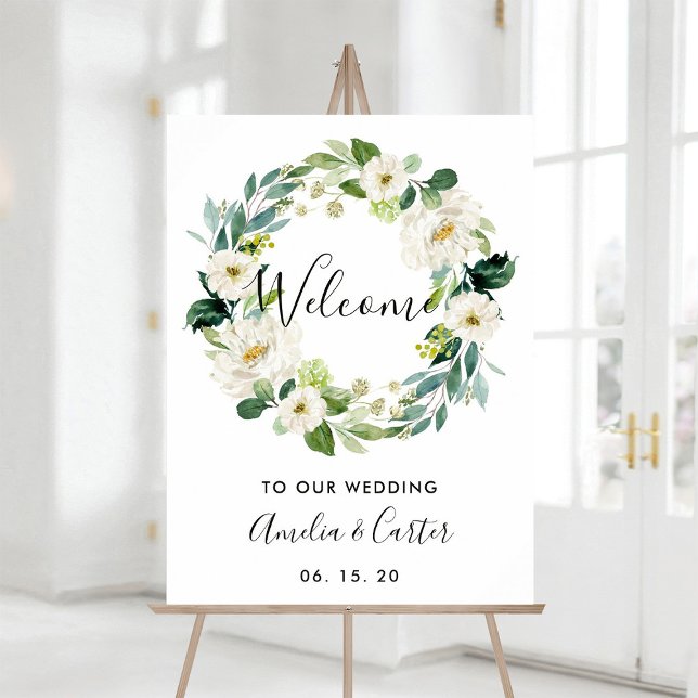 Poster White Floral Wreath Weding Sinal de Boas-vindas (Criador carregado)