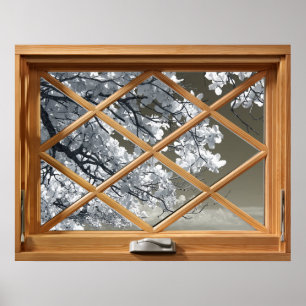 Poster White Flower (Cherry Blossom) Faux, Fake, Window