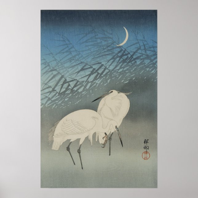 Poster White Herons e Lua, Ohara Koson (Frente)