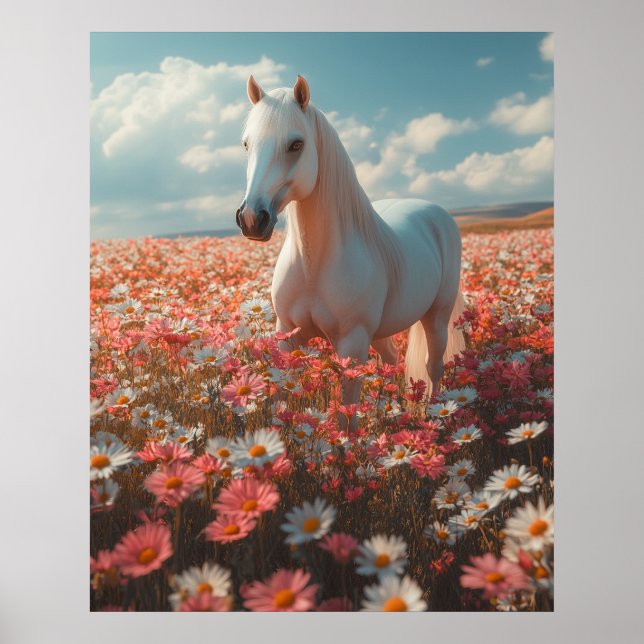 Poster White Horse Amid Blossoming Meadow  (Frente)