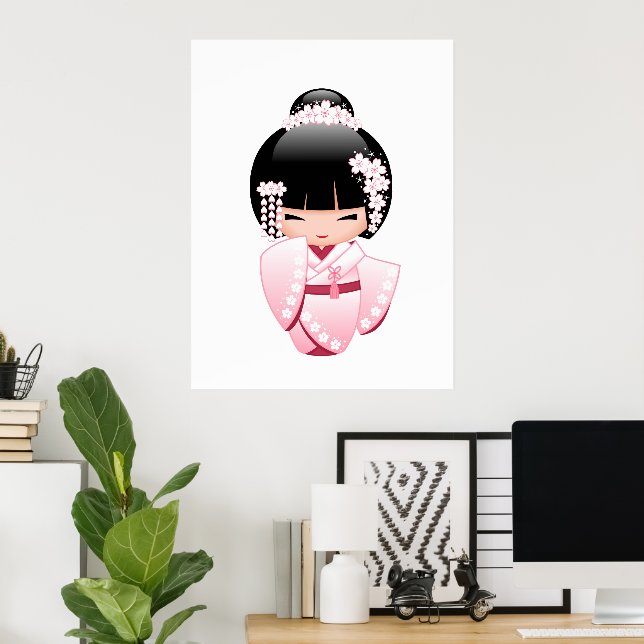 Poster White Kimono Kokeshi Doll - Cute Geisha Girl (Escritório em casa)