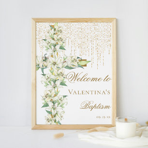 Poster White Lily Floral Dourada Cross Baptism Bem-vindo