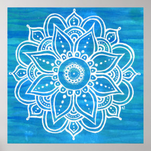 Poster White Mandala Watercolor Blue Waves