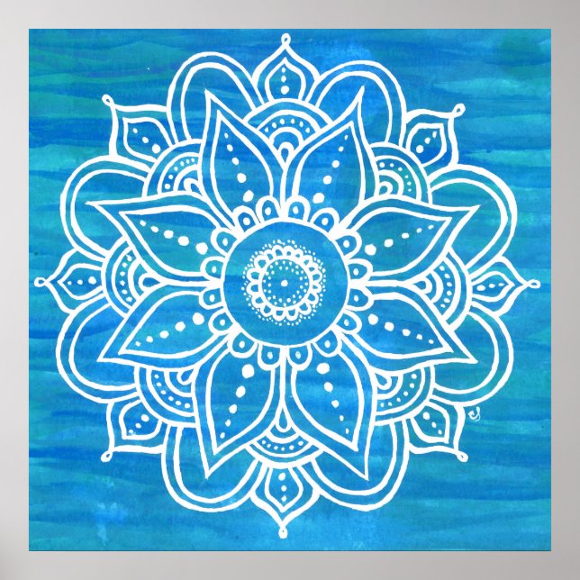 Poster White Mandala Watercolor Blue Waves (Frente)