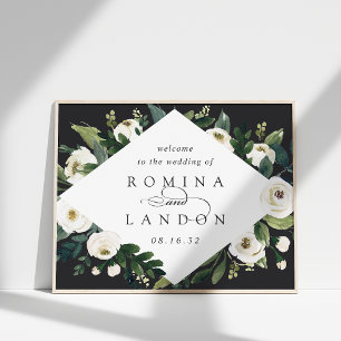 Poster White Peony Watercolor Floral Wedding Bem-vindo