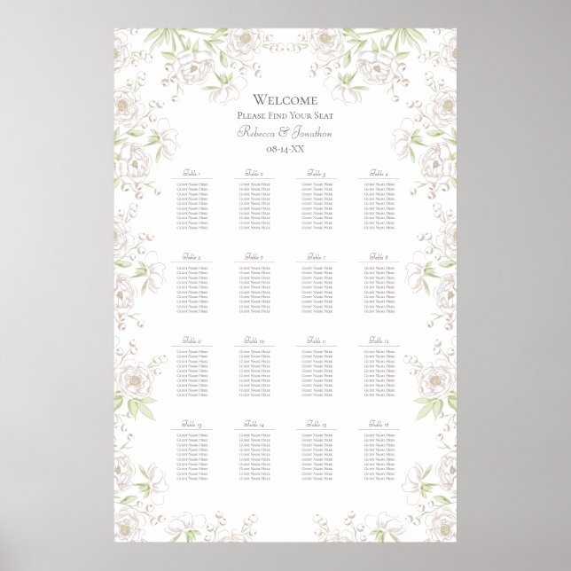 Poster White Rose Classic Wedding Seating Chart (Frente)