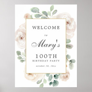 Poster White Rose Floral 100º Aniversário - Sinal de Boas