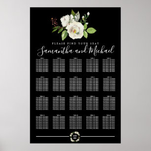 Poster White Rose Floral on Black 20-Table Seating Chart