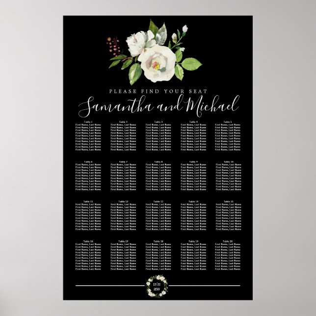 Poster White Rose Floral on Black 20-Table Seating Chart (Frente)