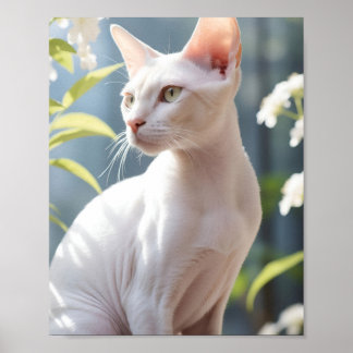 Poster White Sphinx Cat and Flowers